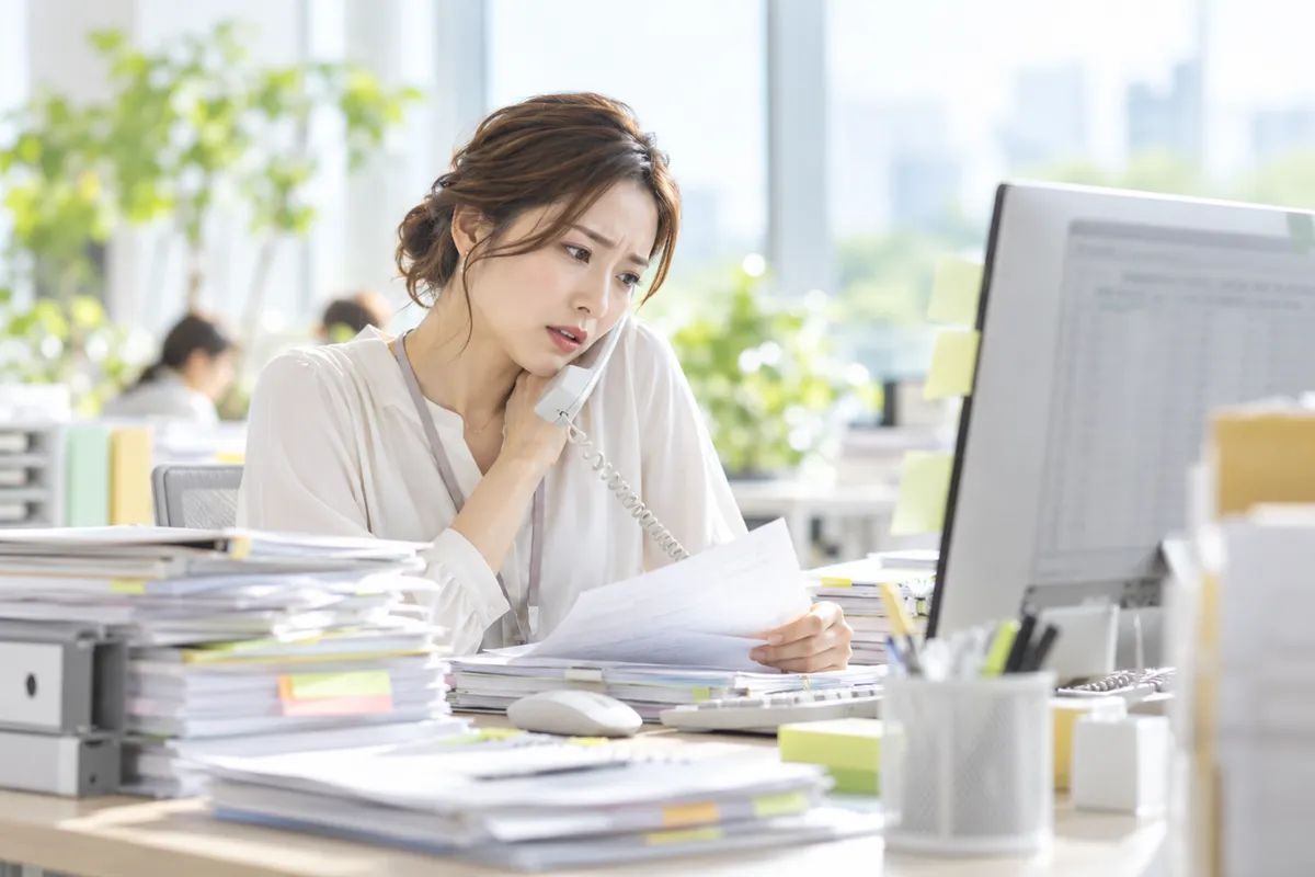 書類が積み重なったデスクで、電話をしながら表計算ソフトを確認して困っている事務担当者